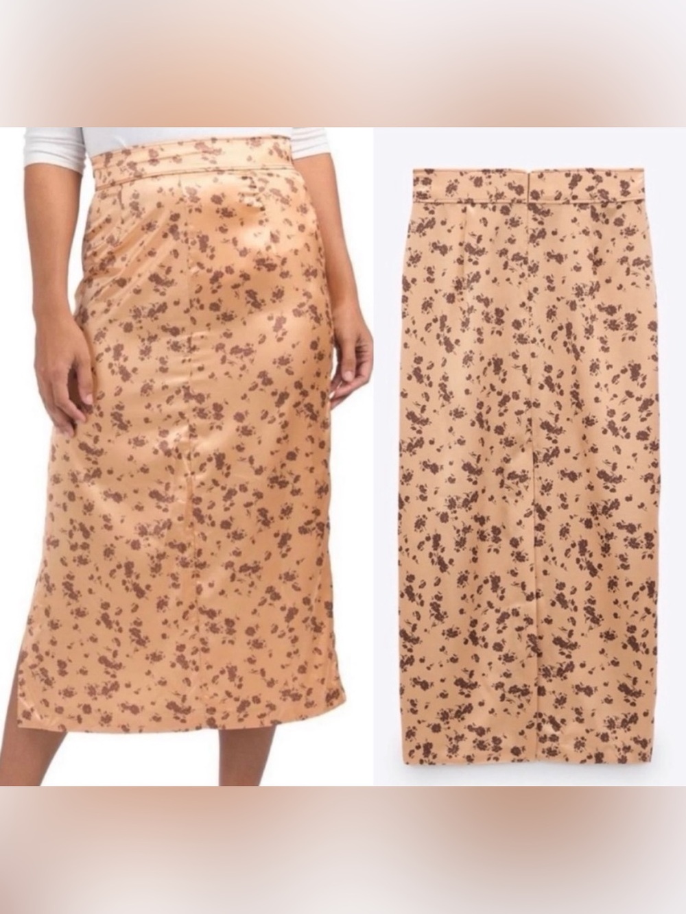 🛍 2/$18 Zara gold / brown floral satin midi skirt with side slit